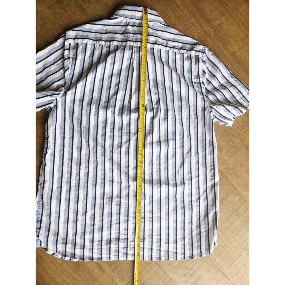Karl Lagerfeld Paris Medium Pearl Snap Shirt‎ Blue White Striped Short Sleeve - Picture 6 of 7